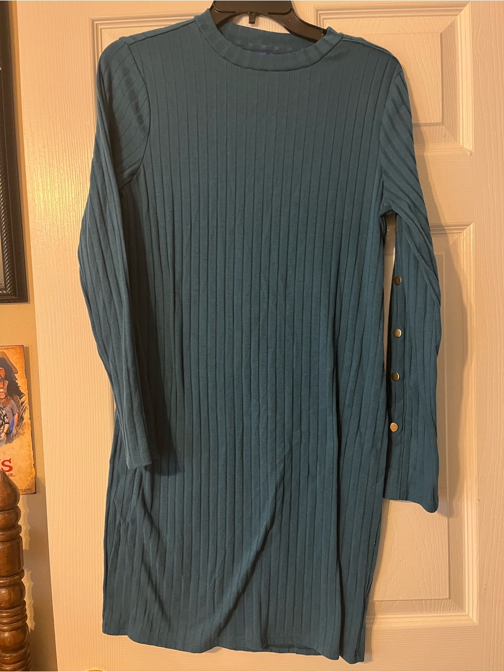 Ribbed Long Sleeve Teal Shift Dress with Button Detail Apt 9